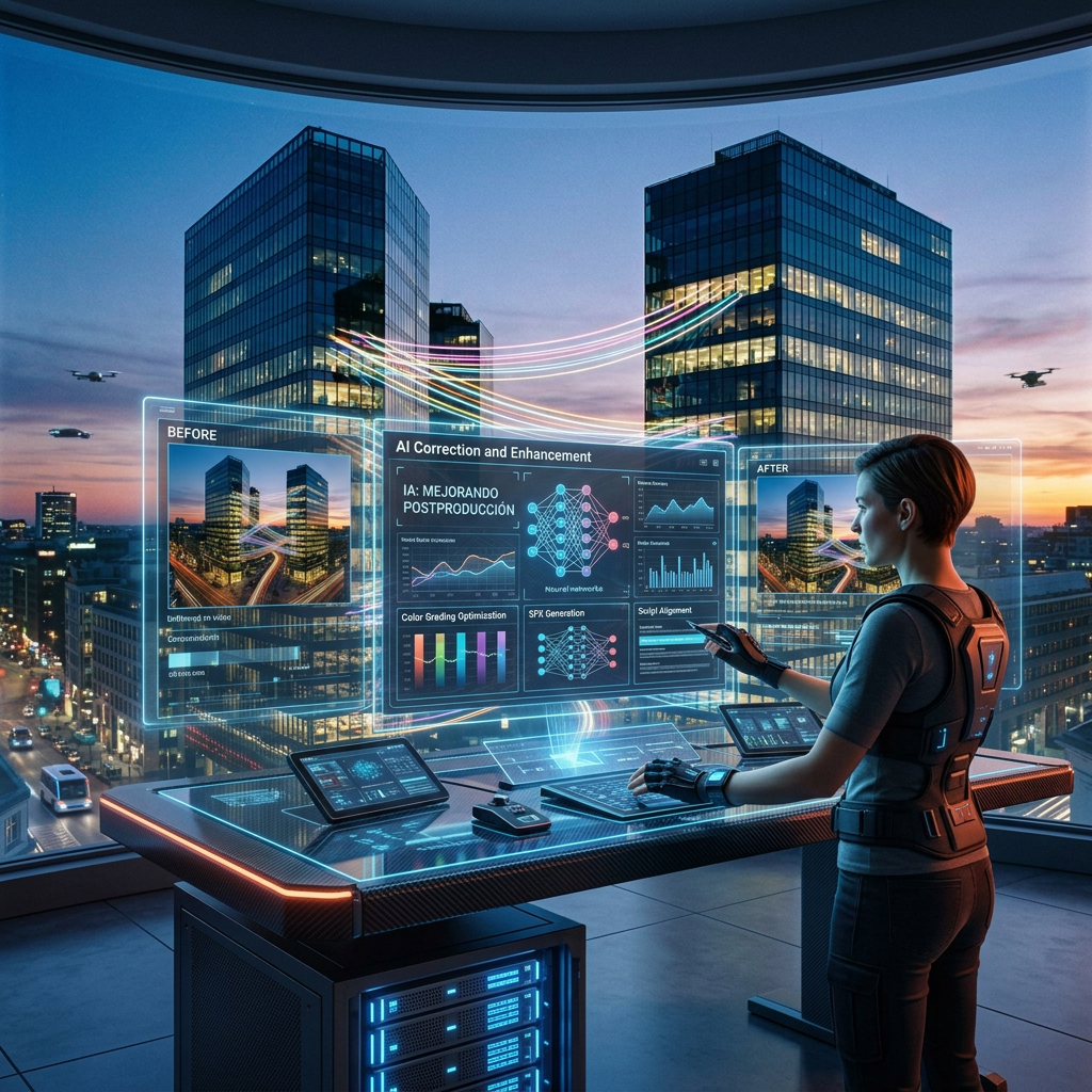 Person interacting with holographic AI video editing interface showing before and after images and data charts