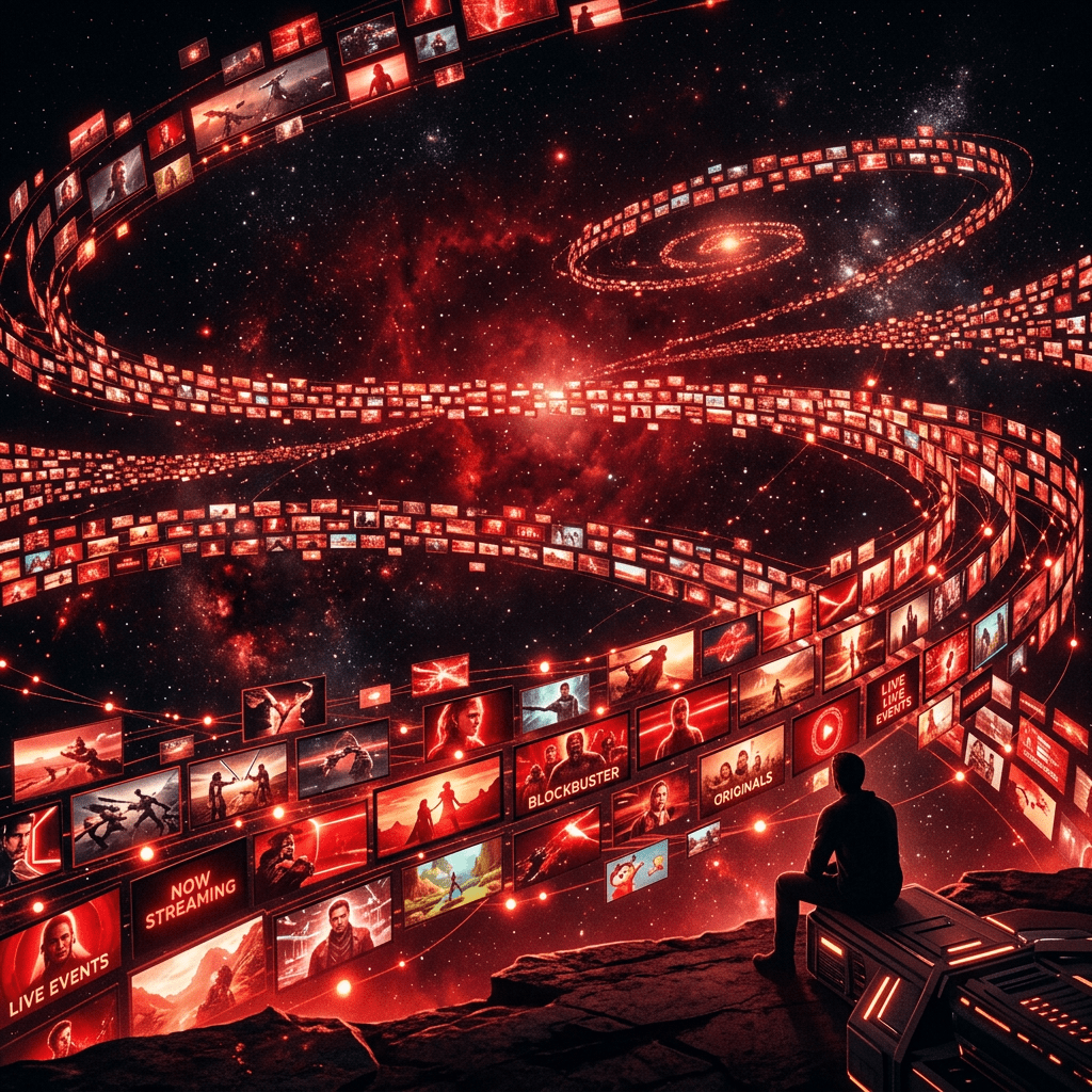 Person sitting near a futuristic control console viewing spiraling streams of media content in space
